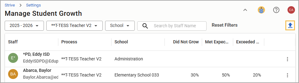 The Manage Student Growth table with the ability to upload percentages with a CSV file.